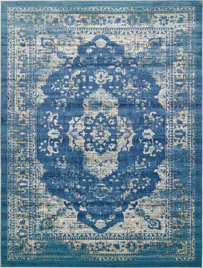 Unique Loom Indoor Rugs - Oslo Border 10x13 Navy Blue & Turquoise