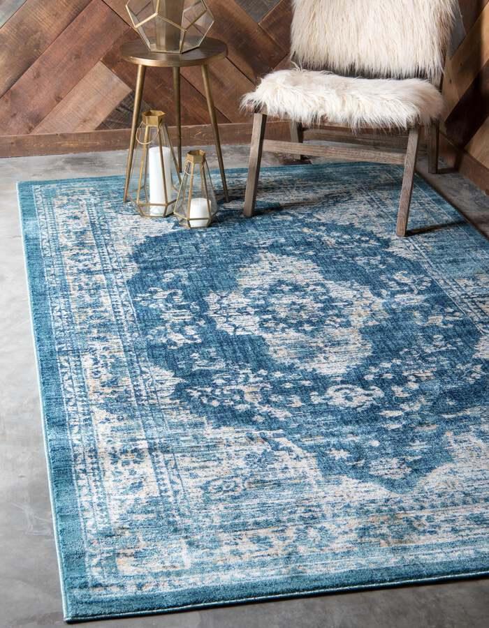 Unique Loom Indoor Rugs - Oslo Border 10x13 Navy Blue & Turquoise