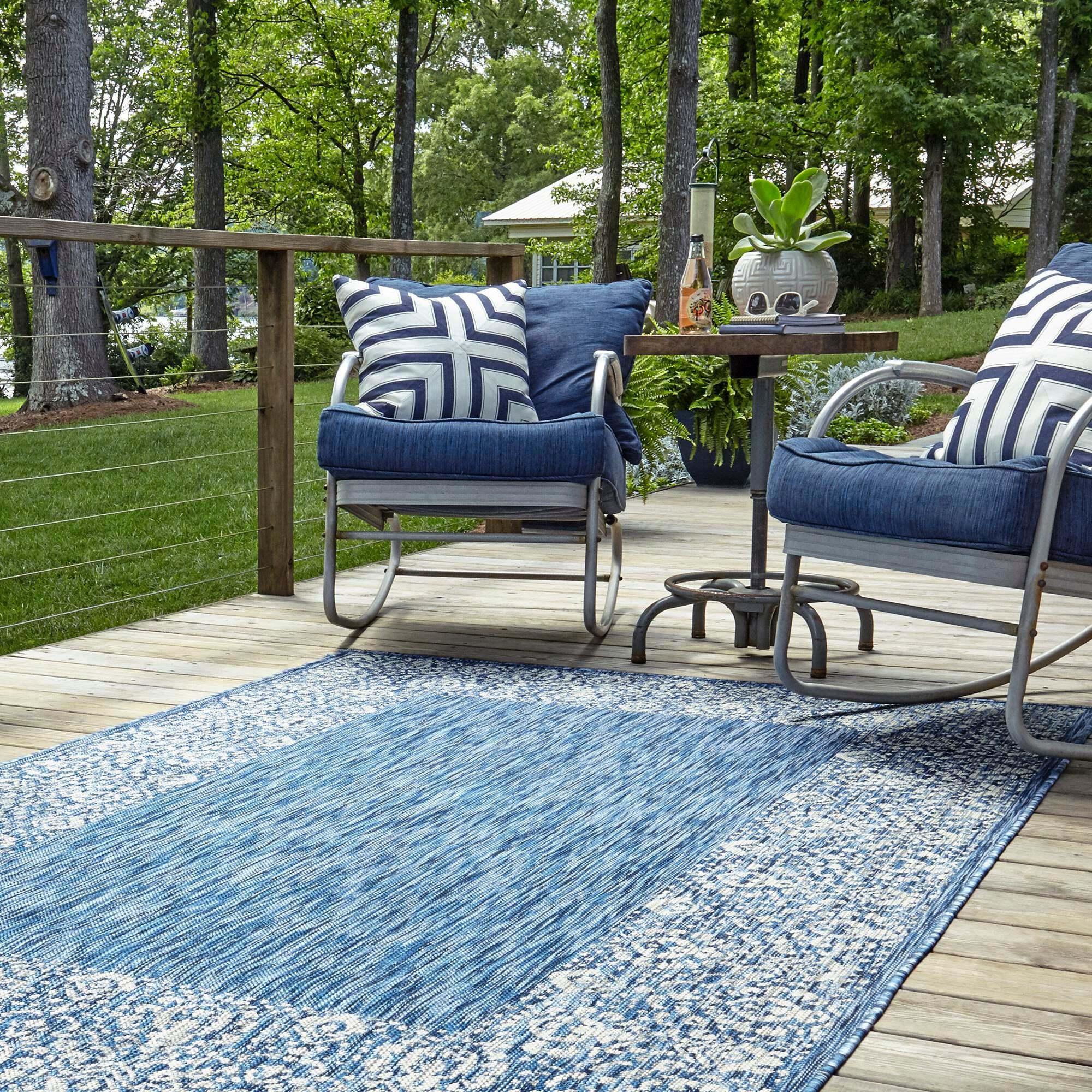 Unique Loom Outdoor Rugs - Outdoor Border Floral Rectangular 9x12 Rug Blue & Gray