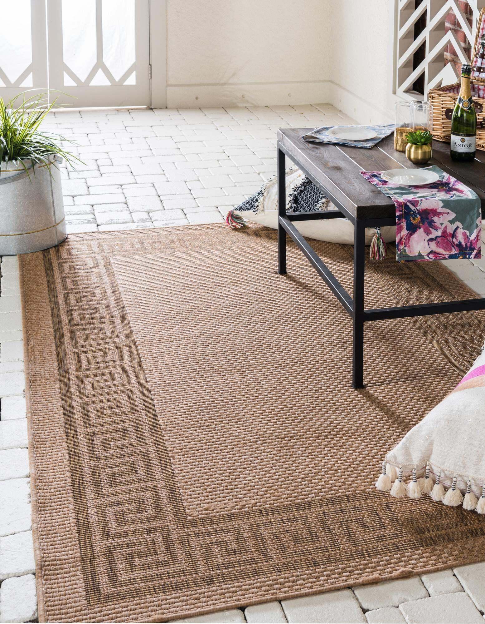 Unique Loom Outdoor Rugs - Outdoor Border Geometric Rectangular 9x12 Rug Light Brown & Tan