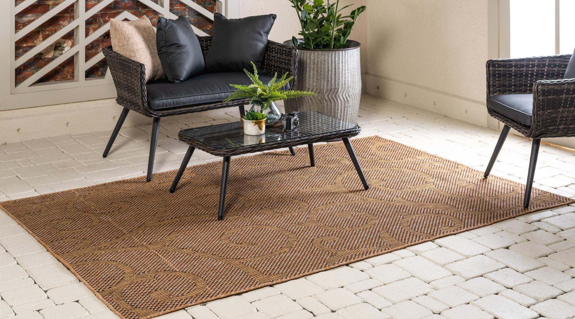 Unique Loom Outdoor Rugs - Outdoor Botanical Damask Rectangular 8x11 Rug Light Brown & Brown