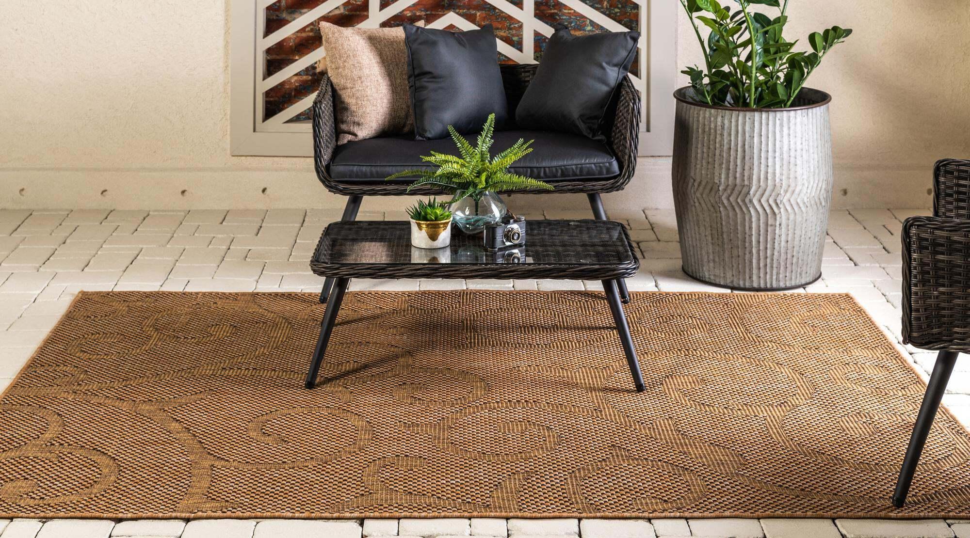 Unique Loom Outdoor Rugs - Outdoor Botanical Damask Rectangular 8x11 Rug Light Brown & Brown