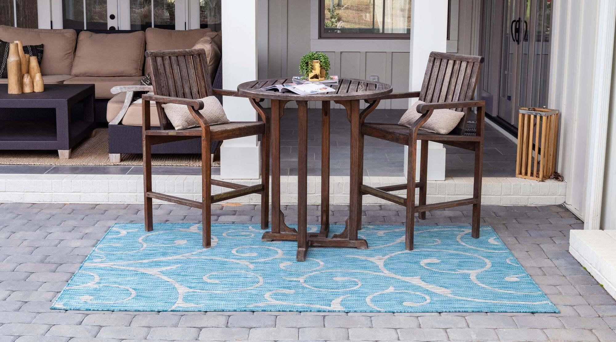 Unique Loom Outdoor Rugs - Outdoor Botanical Damask Rectangular 9x12 Rug Aqua Blue & Ivory