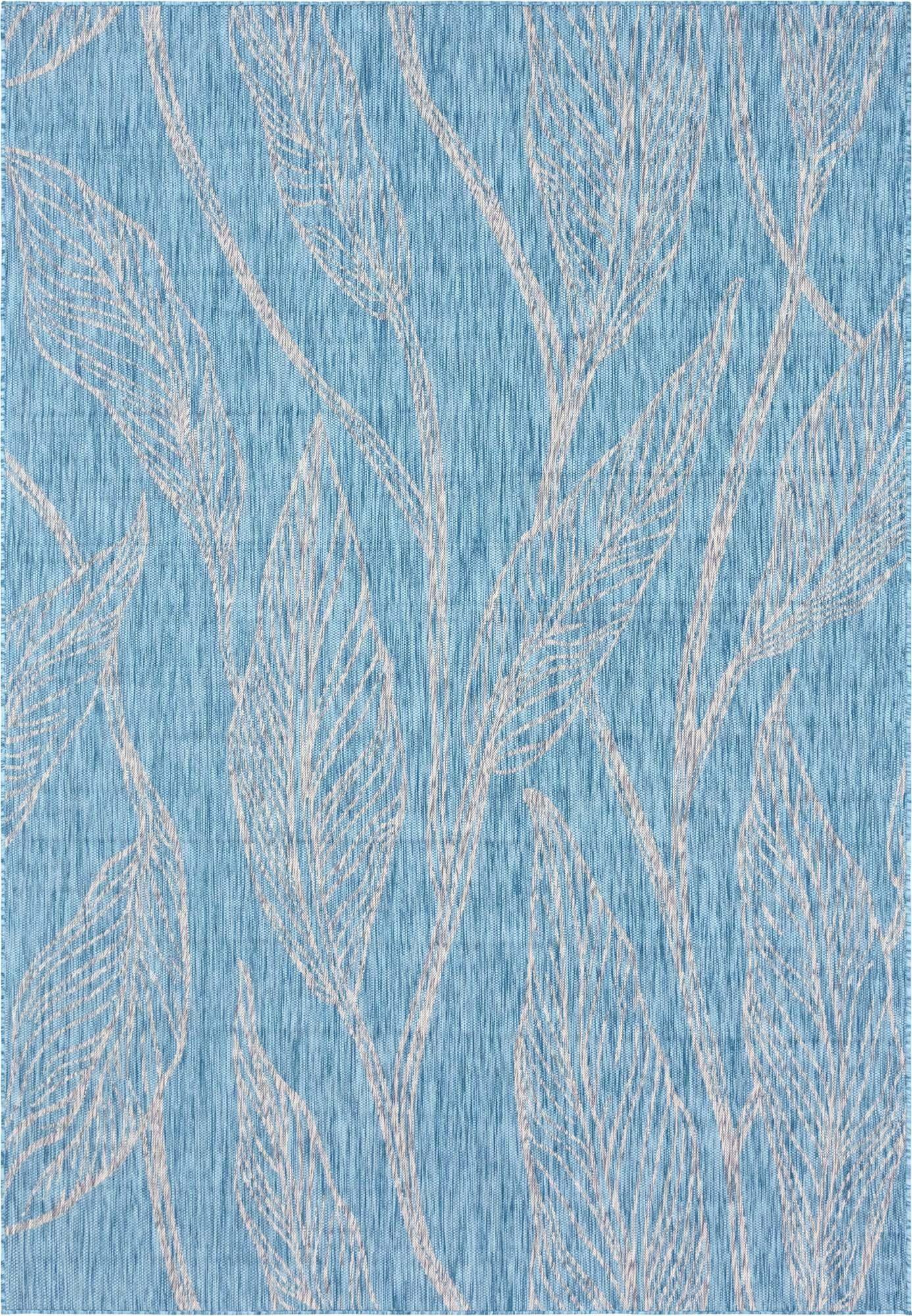 Unique Loom Outdoor Rugs - Outdoor Botanical Floral / Botanical Rectangular 8x11 Rug Aqua Blue & Ivory