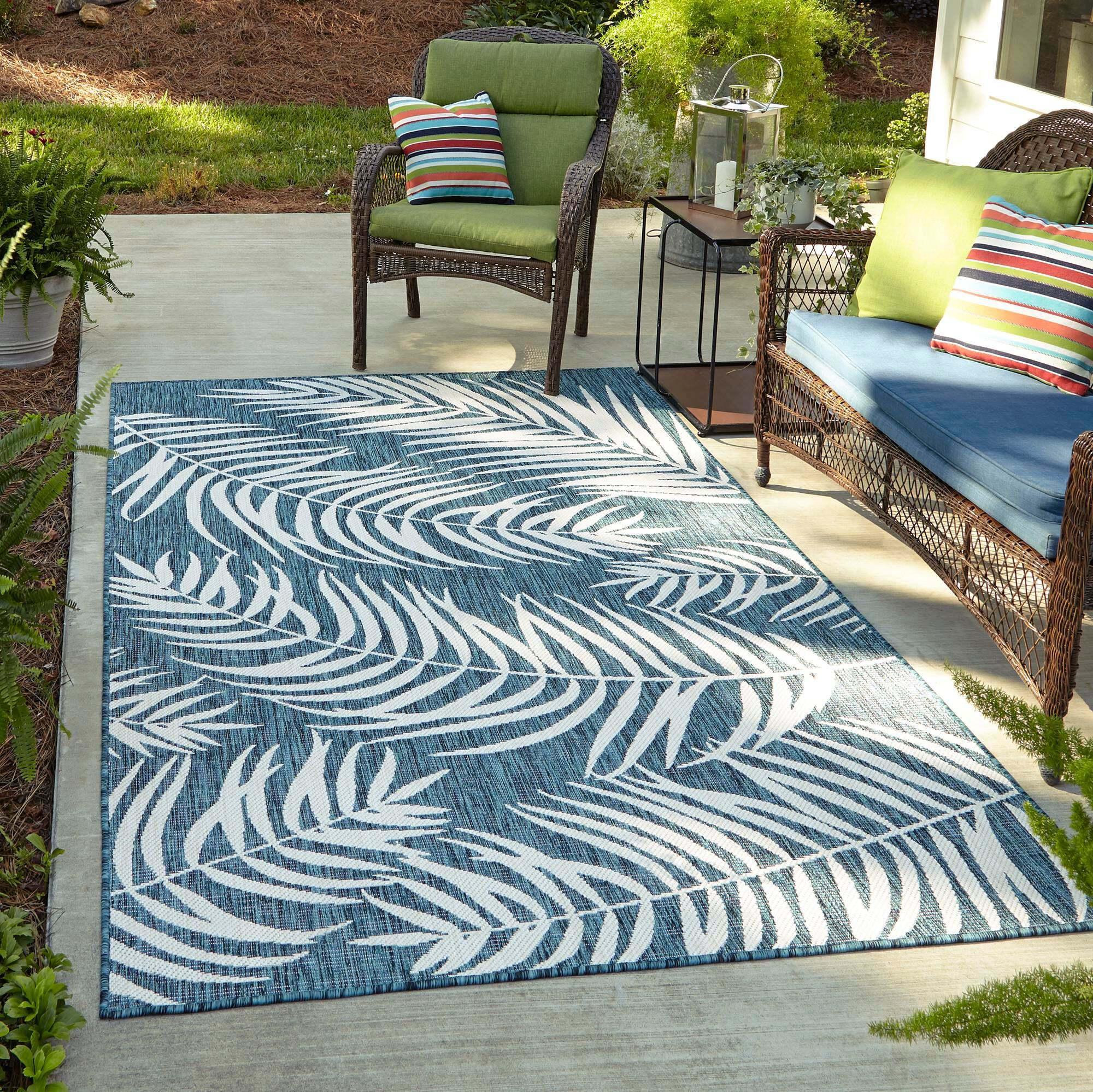 Unique Loom Outdoor Rugs - Outdoor Botanical Floral / Botanical Rectangular 8x11 Rug Teal & Ivory