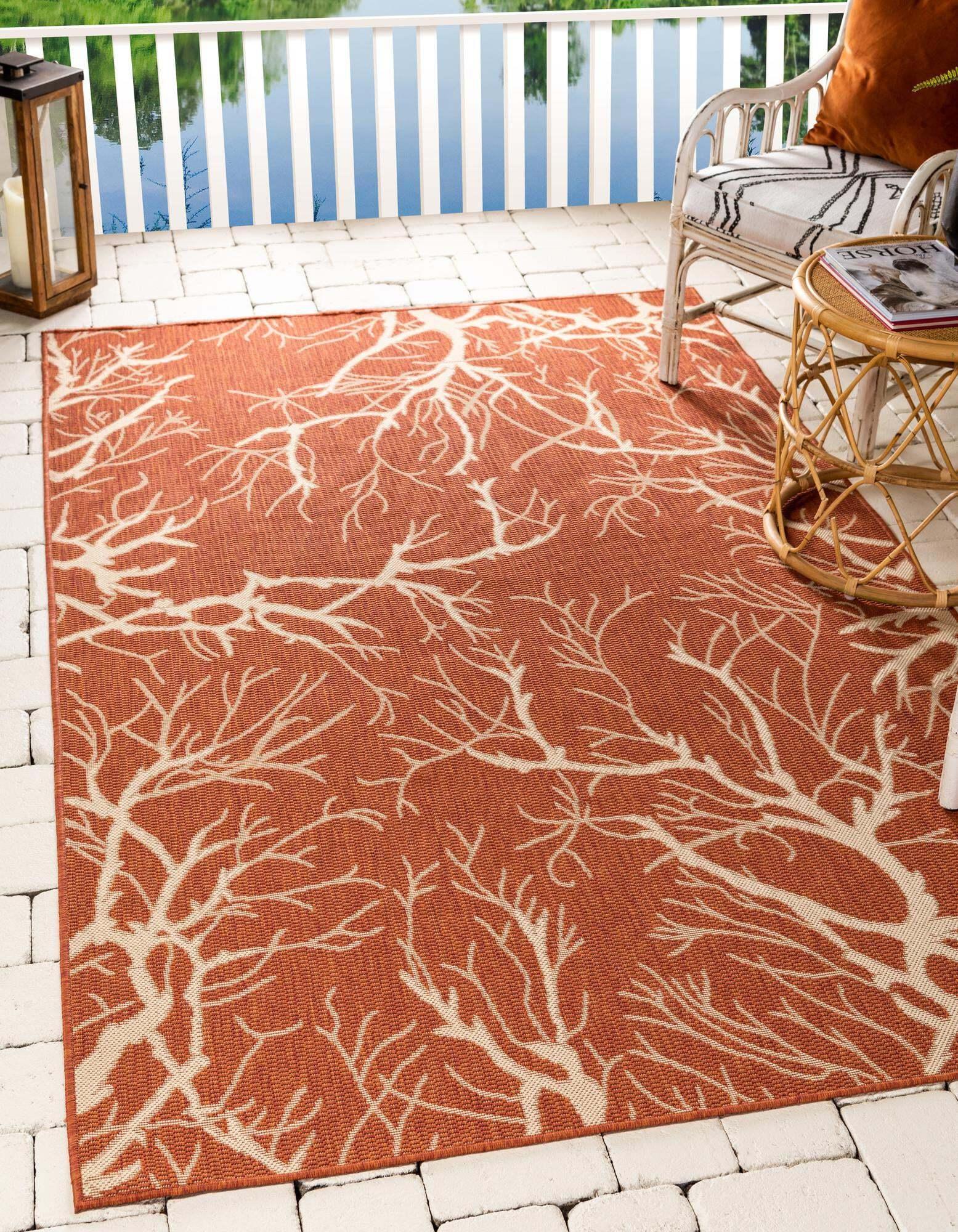 Unique Loom Outdoor Rugs - Outdoor Botanical Floral / Botanical Rectangular 8x11 Rug Terracotta & Beige