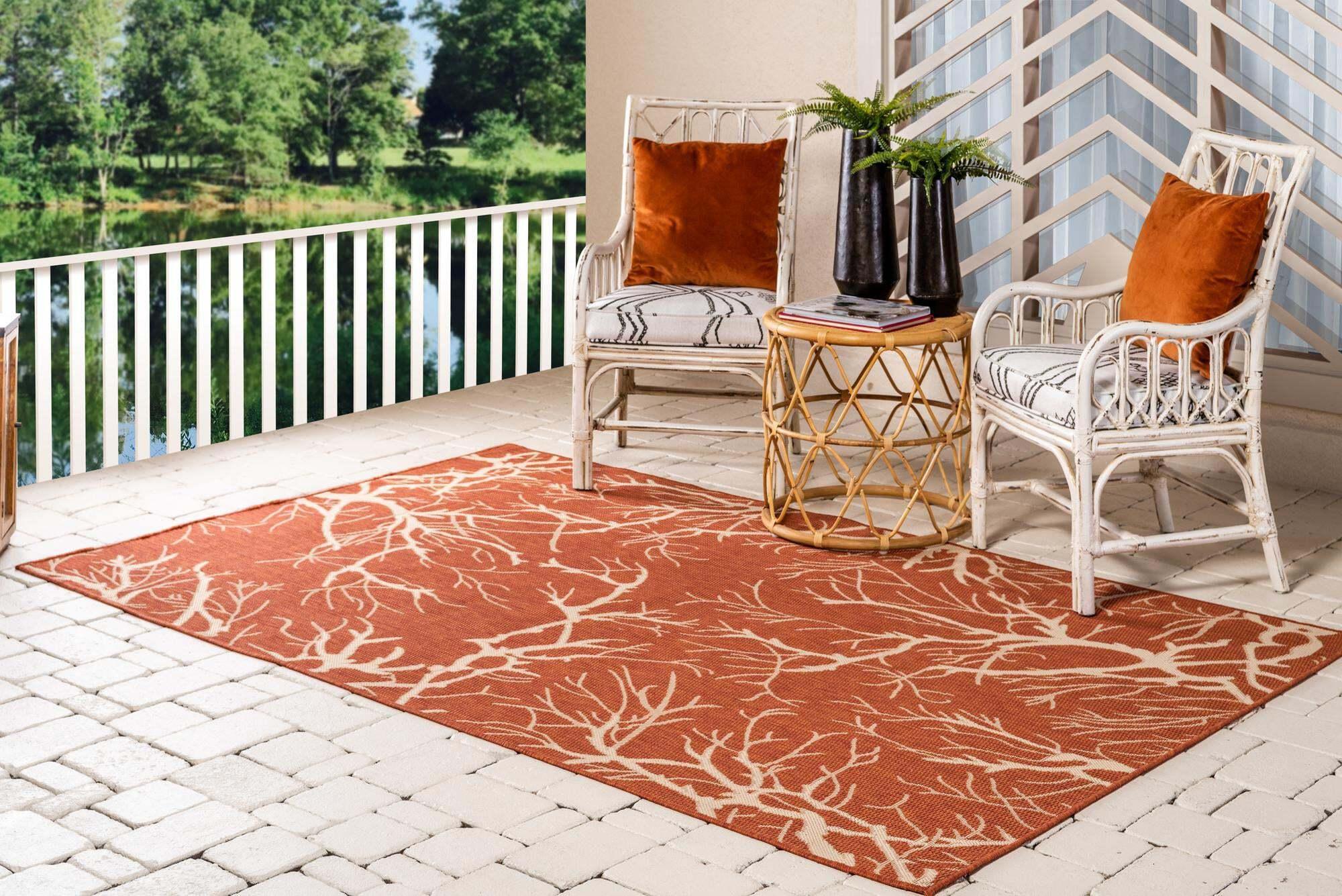 Unique Loom Outdoor Rugs - Outdoor Botanical Floral / Botanical Rectangular 8x11 Rug Terracotta & Beige