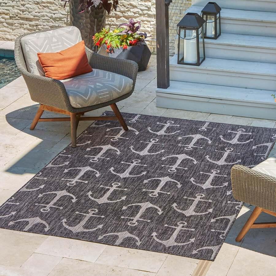 Unique Loom Outdoor Rugs - Outdoor Coastal Beach/Nautical 10x14 Rectangular Rug Charcoal