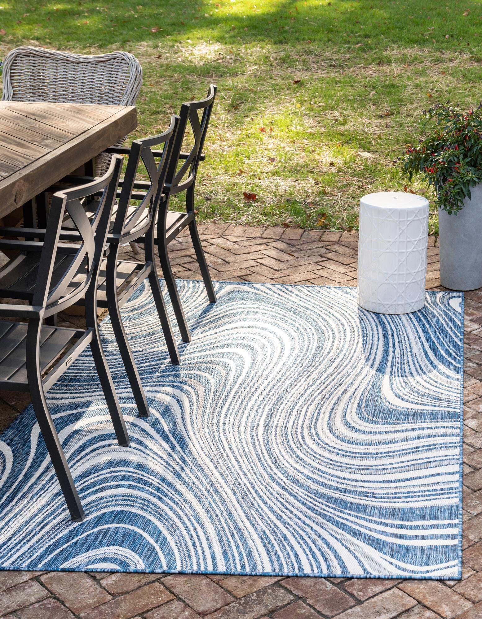 Unique Loom Outdoor Rugs - Outdoor Modern Abstract Rectangular 8x11 Rug Navy Blue & Ivory