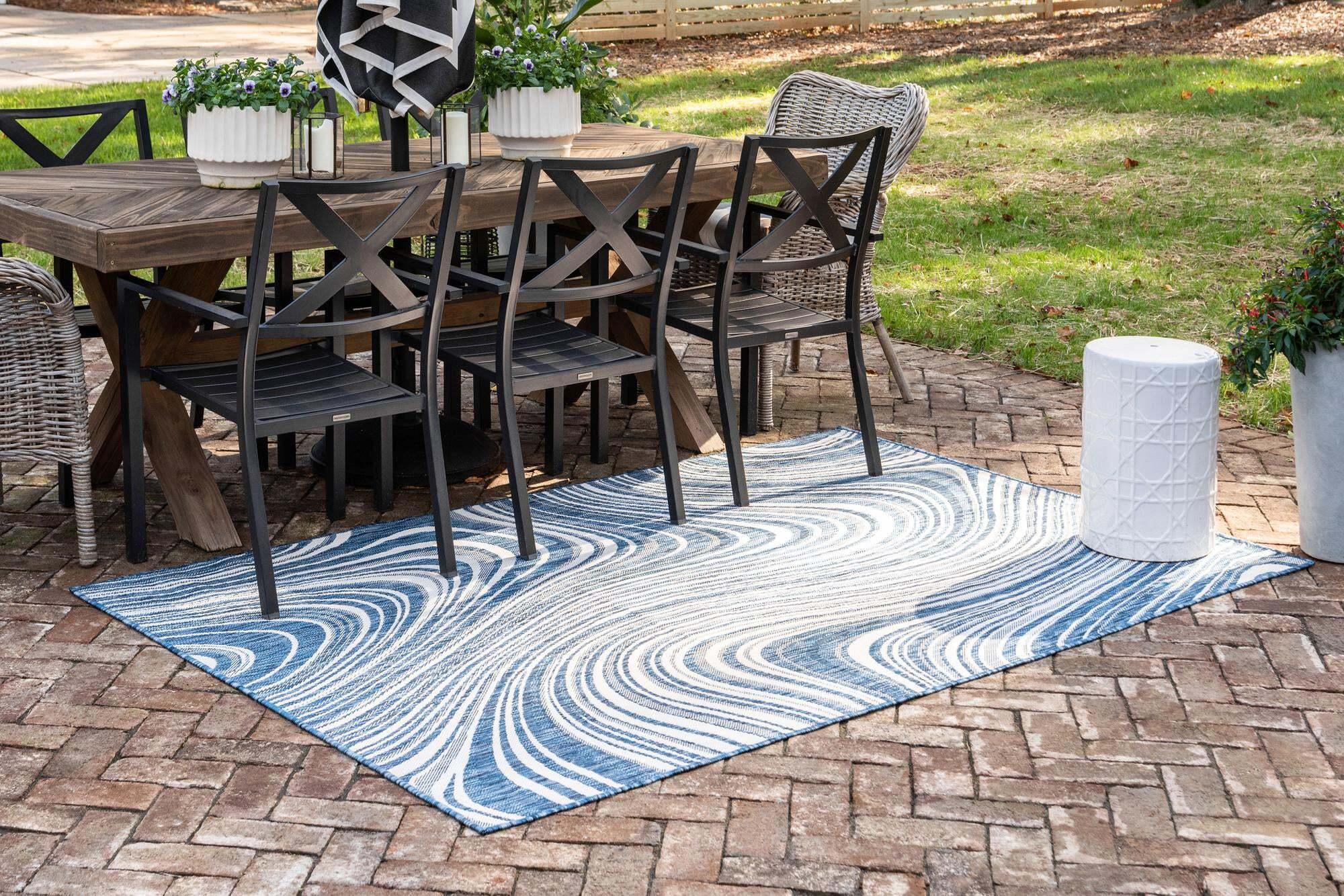 Unique Loom Outdoor Rugs - Outdoor Modern Abstract Rectangular 8x11 Rug Navy Blue & Ivory