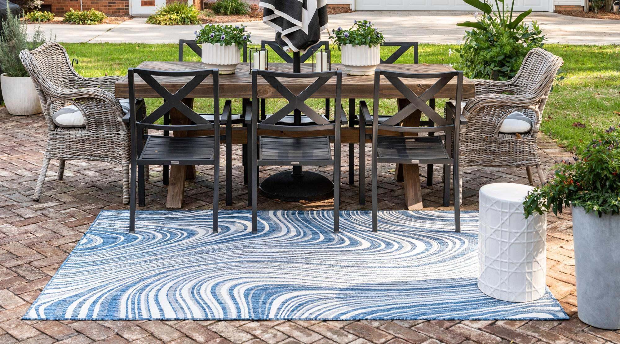 Unique Loom Outdoor Rugs - Outdoor Modern Abstract Rectangular 9x12 Rug Navy Blue & Ivory