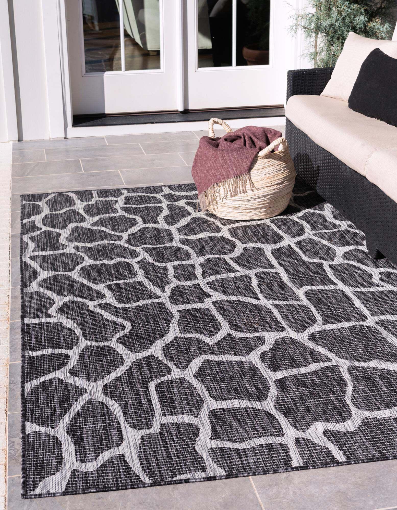 Unique Loom Outdoor Rugs - Outdoor Safari Animal Print Rectangular 9x12 Rug Dark Gray & Ivory