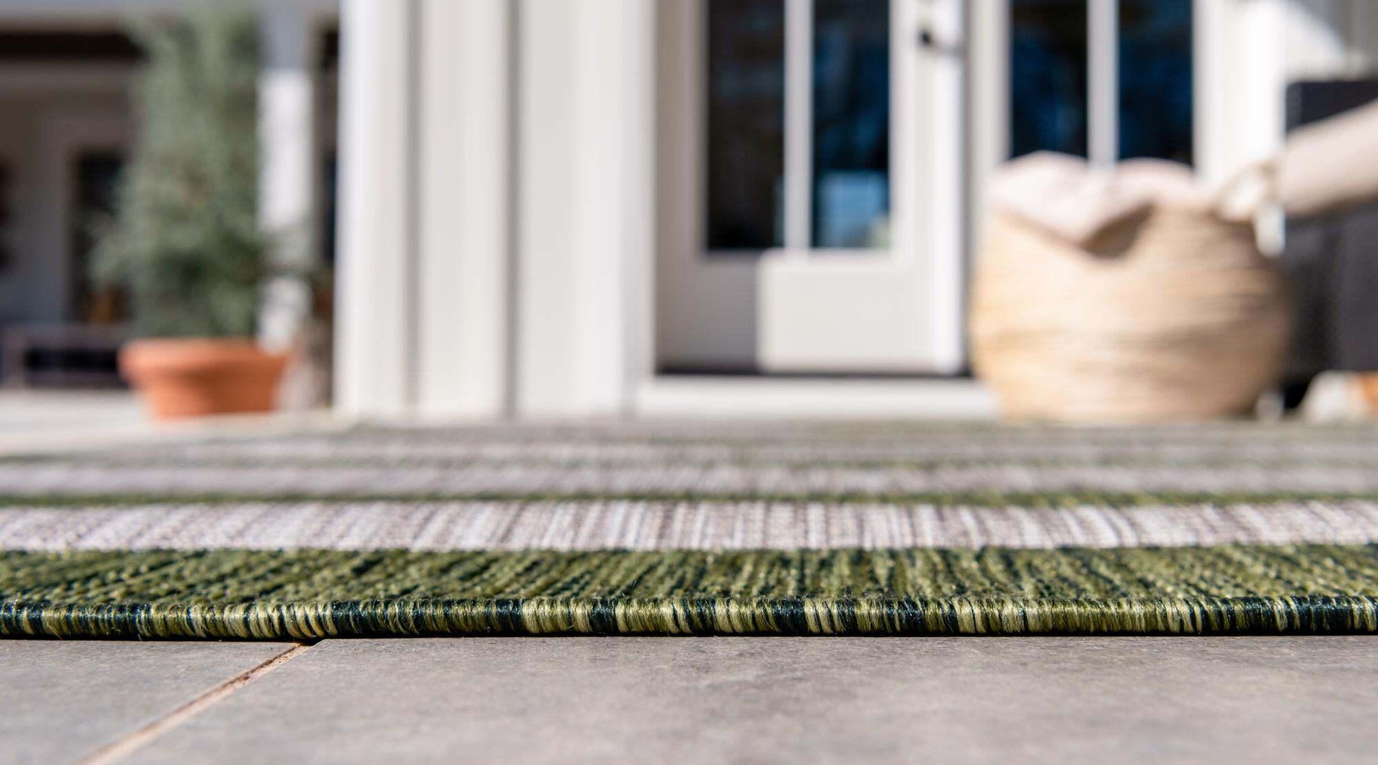 Unique Loom Outdoor Rugs - Outdoor Striped Striped Rectangular 9x12 Rug Green & Ivory