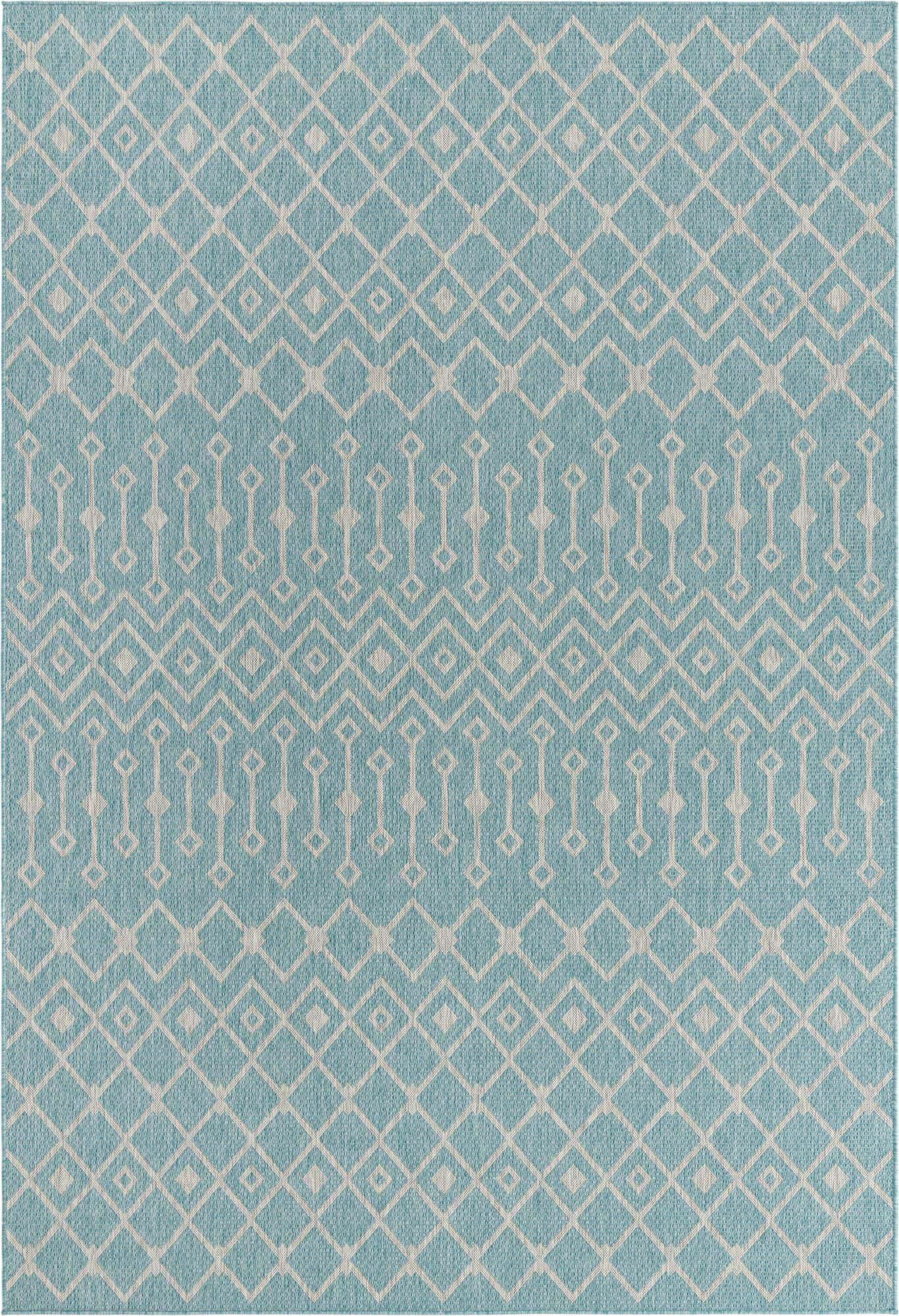 Unique Loom Outdoor Rugs - Outdoor Trellis Geometric Rectangular 8x11 Rug Aqua Blue & Ivory