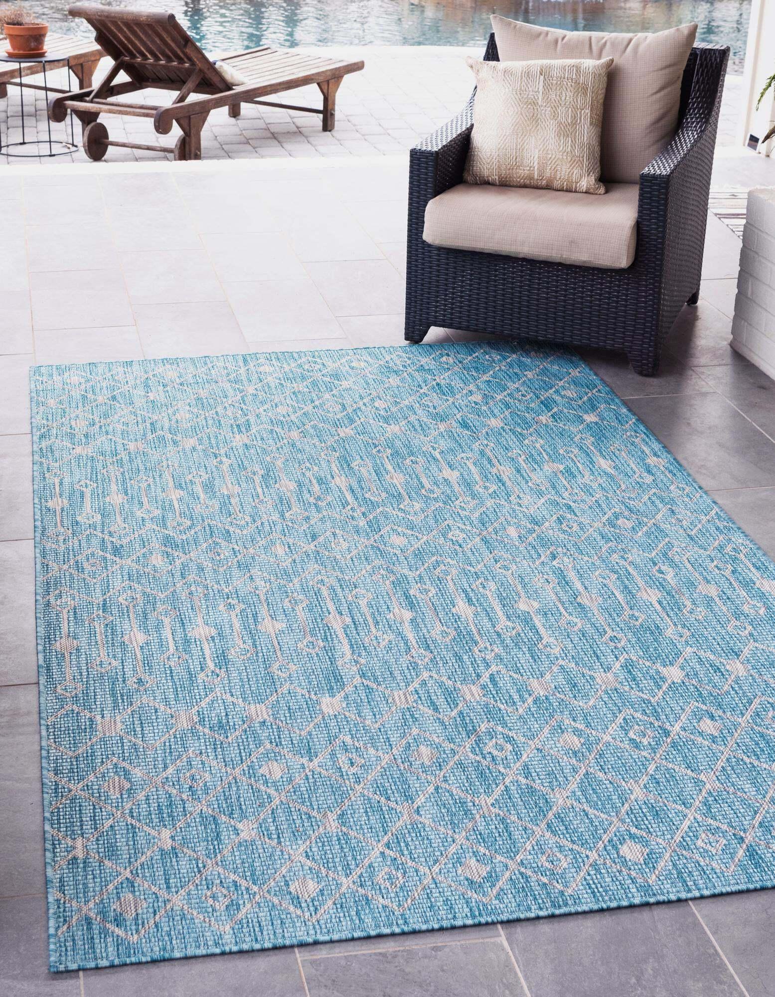 Unique Loom Outdoor Rugs - Outdoor Trellis Geometric Rectangular 8x11 Rug Aqua Blue & Ivory