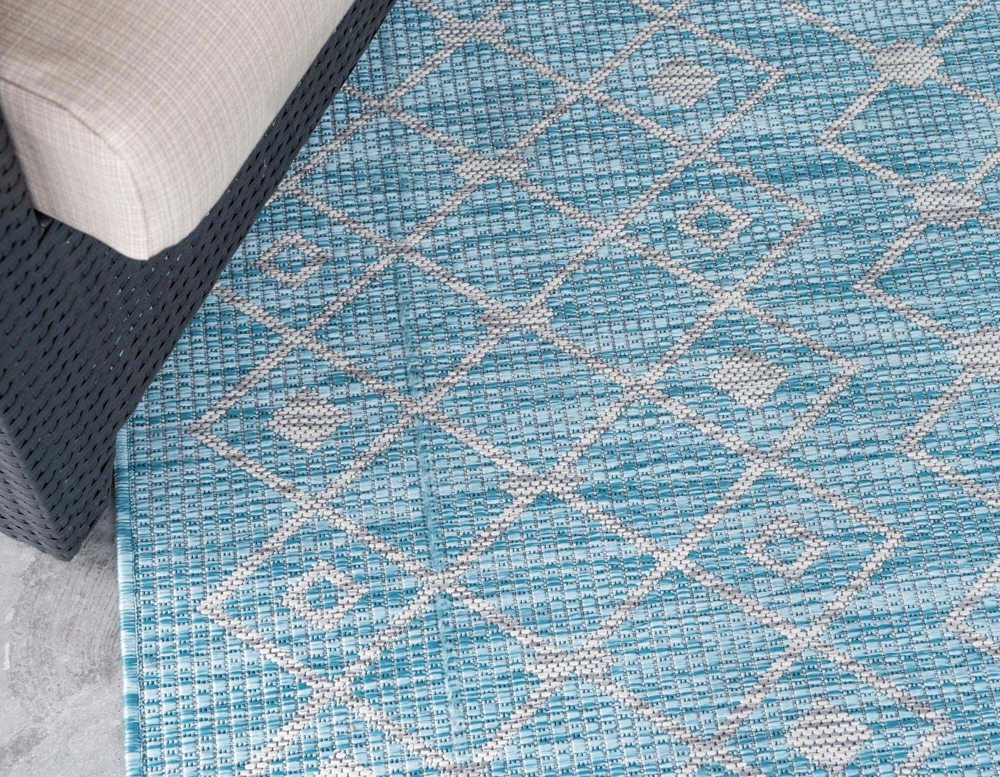 Unique Loom Outdoor Rugs - Outdoor Trellis Geometric Rectangular 8x11 Rug Aqua Blue & Ivory