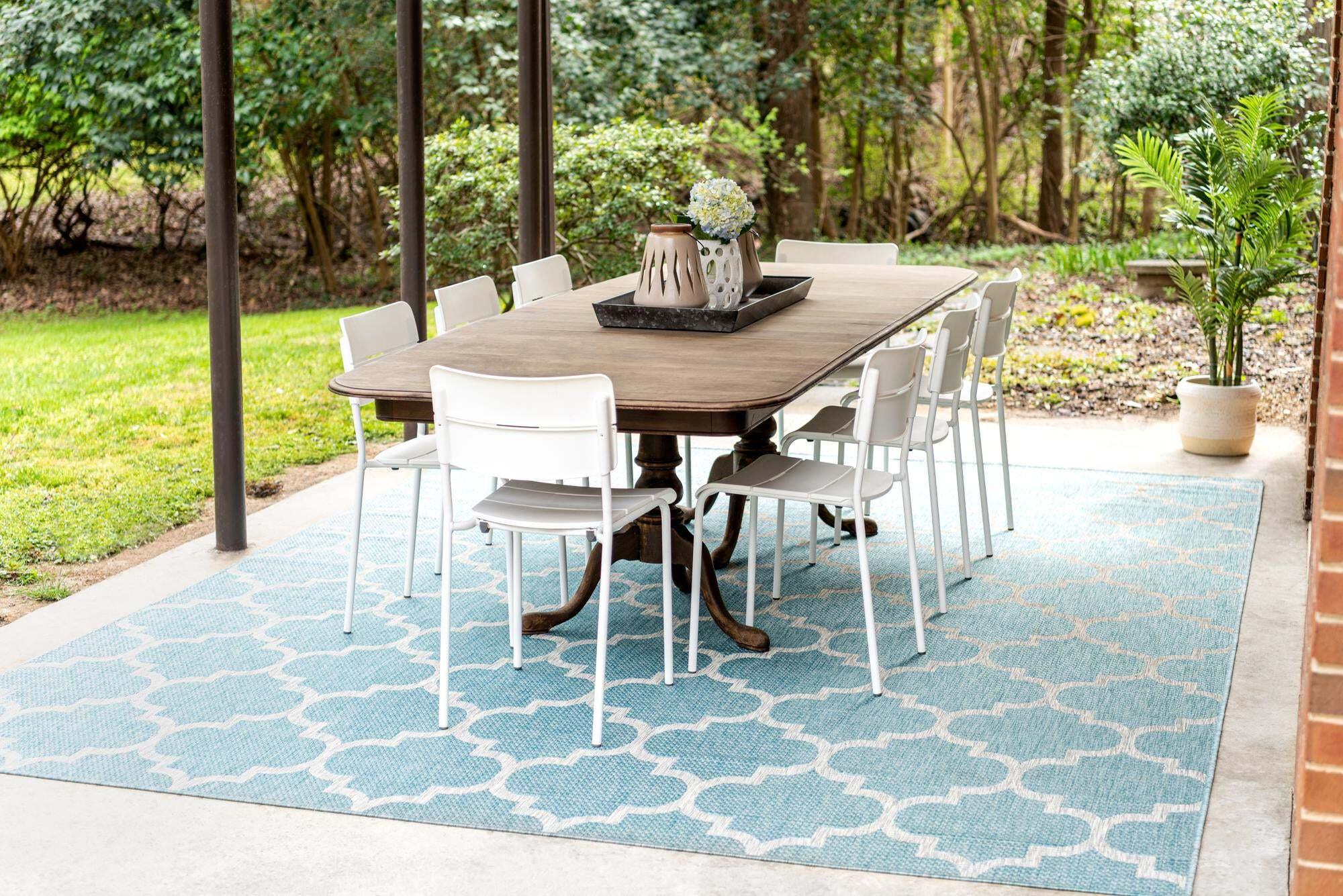 Unique Loom Outdoor Rugs - Outdoor Trellis Geometric Rectangular 8x11 Rug Aquamarine & Gray