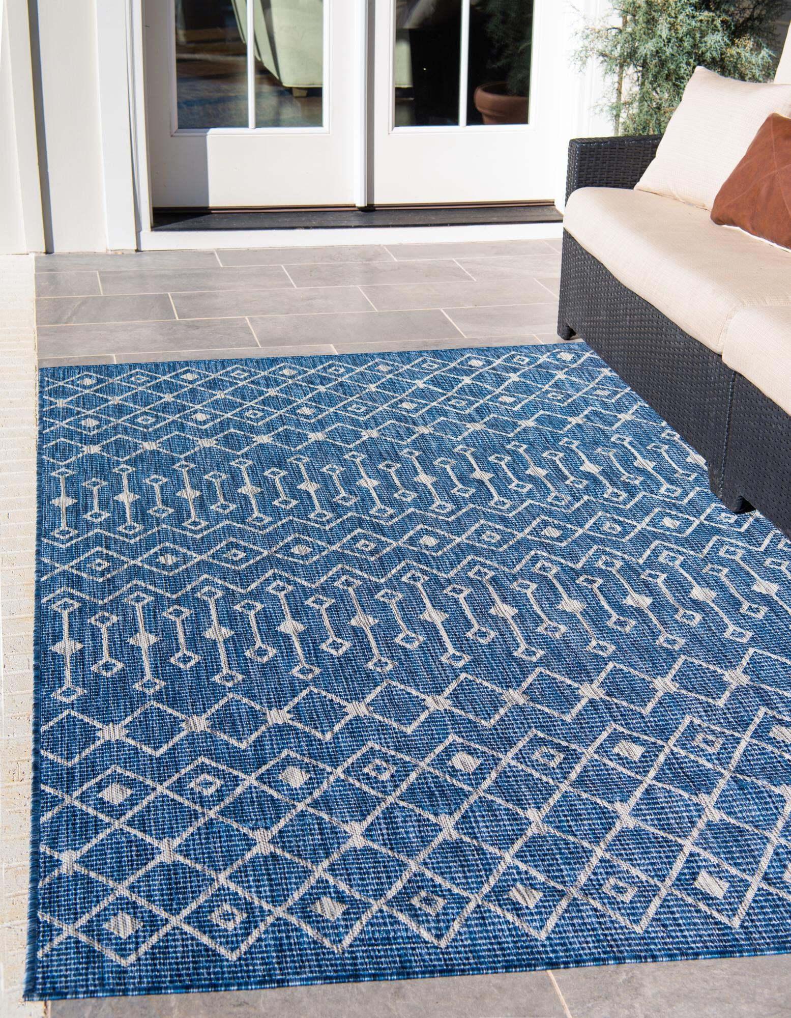 Unique Loom Outdoor Rugs - Outdoor Trellis Geometric Rectangular 8x11 Rug Blue & Ivory