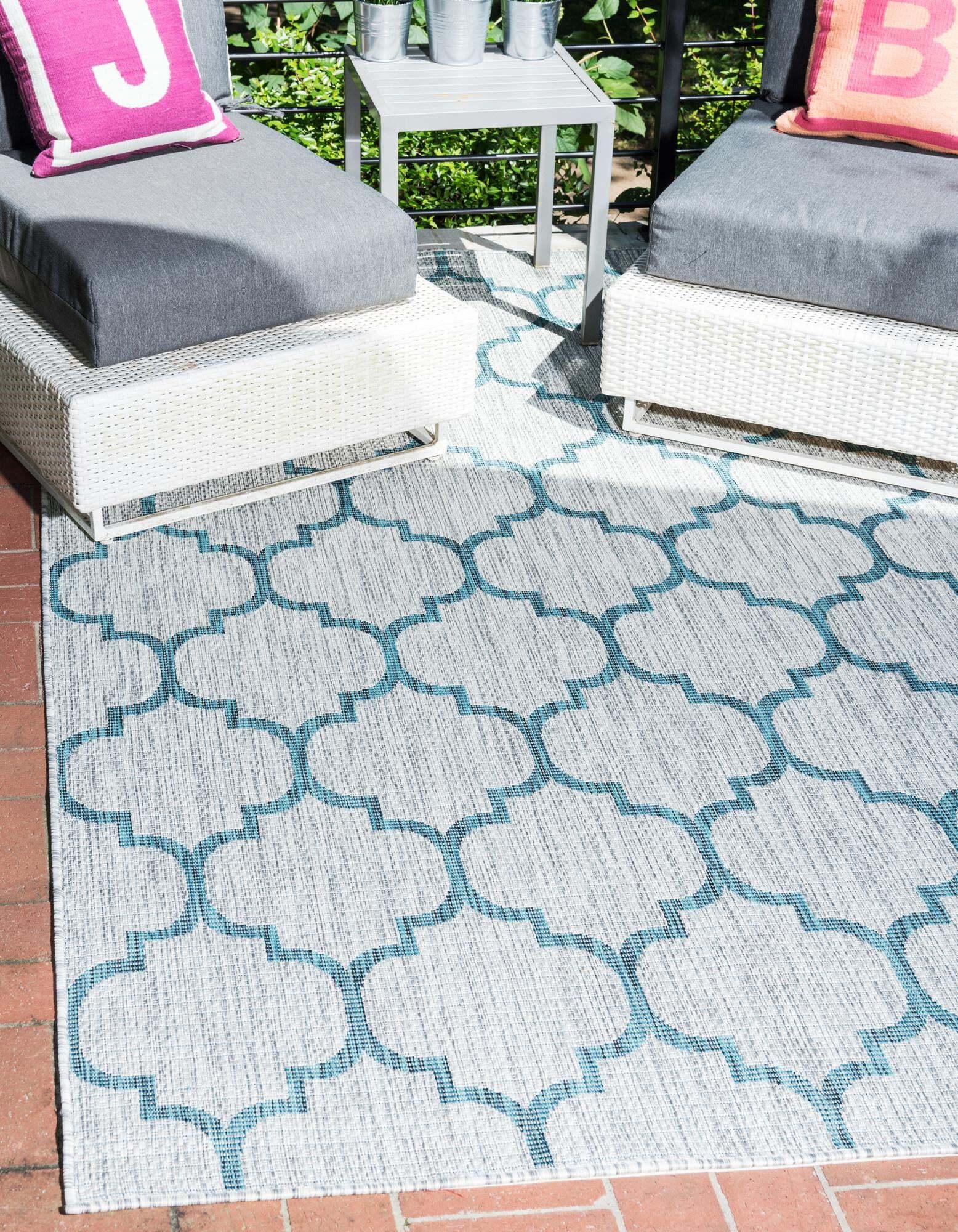 Unique Loom Outdoor Rugs - Outdoor Trellis Geometric Rectangular 9x12 Rug Blue & Gray