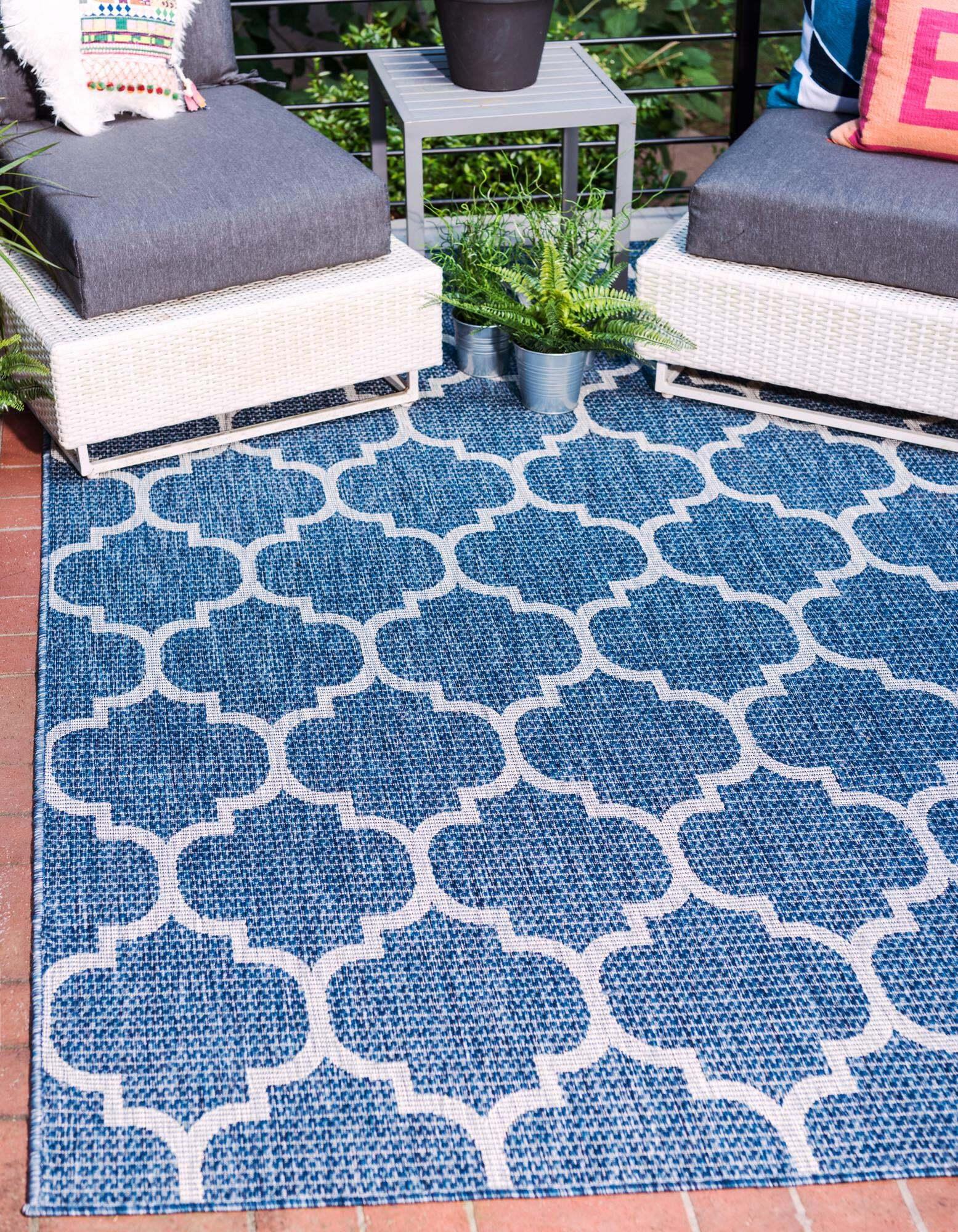 Unique Loom Outdoor Rugs - Outdoor Trellis Geometric Rectangular 9x12 Rug Navy Blue & Gray