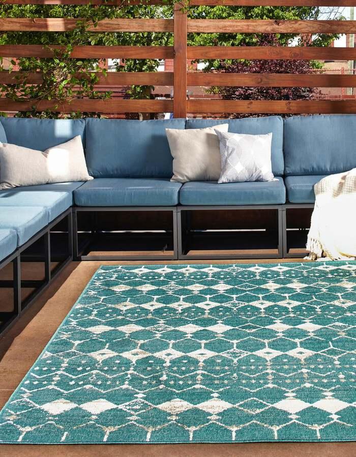 Unique Loom Outdoor Rugs - Outdoor Trellis Transitional 9x12 Rectangular Rug Teal