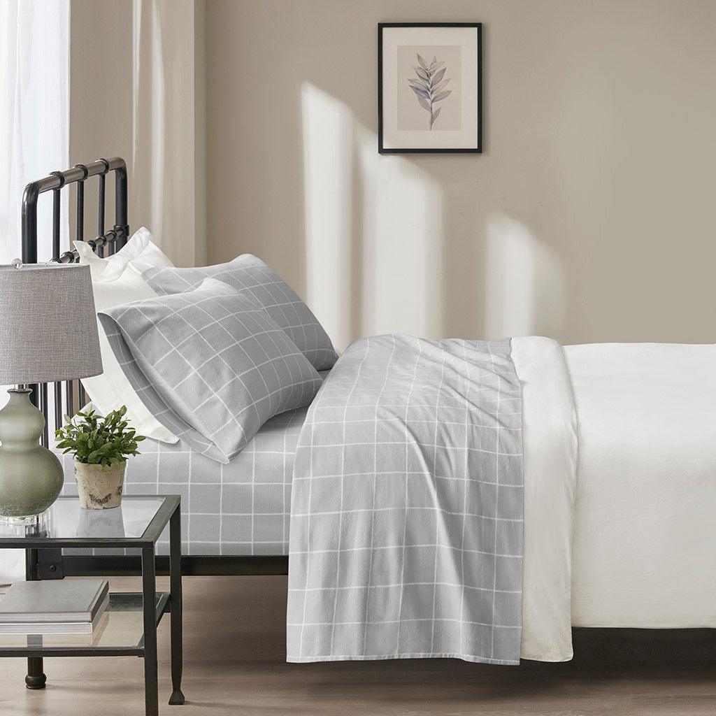 Olliix.com Sheets & Sheet Sets - Oversized Flannel Full Sheet Set Gray Windowpane