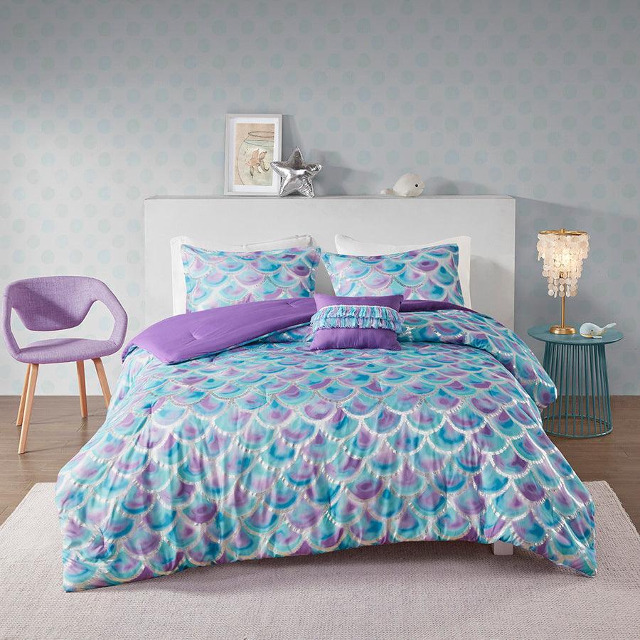 Olliix.com Comforters & Blankets - Pearl Metallic Printed Reversible Comforter Set Teal & Purple Full/Queen