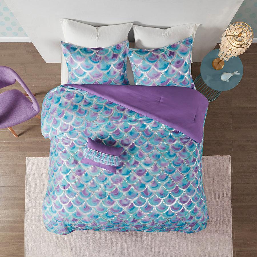 Olliix.com Comforters & Blankets - Pearl Metallic Printed Reversible Comforter Set Teal & Purple Full/Queen