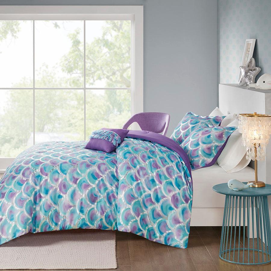 Olliix.com Comforters & Blankets - Pearl Metallic Printed Reversible Comforter Set Teal & Purple Full/Queen