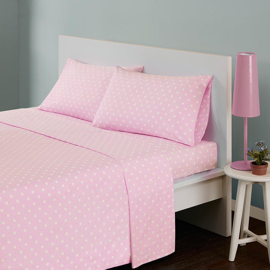 Flower Ditsy Polka Dot 4-Piece Pink White Polyester Queen Sheet Set