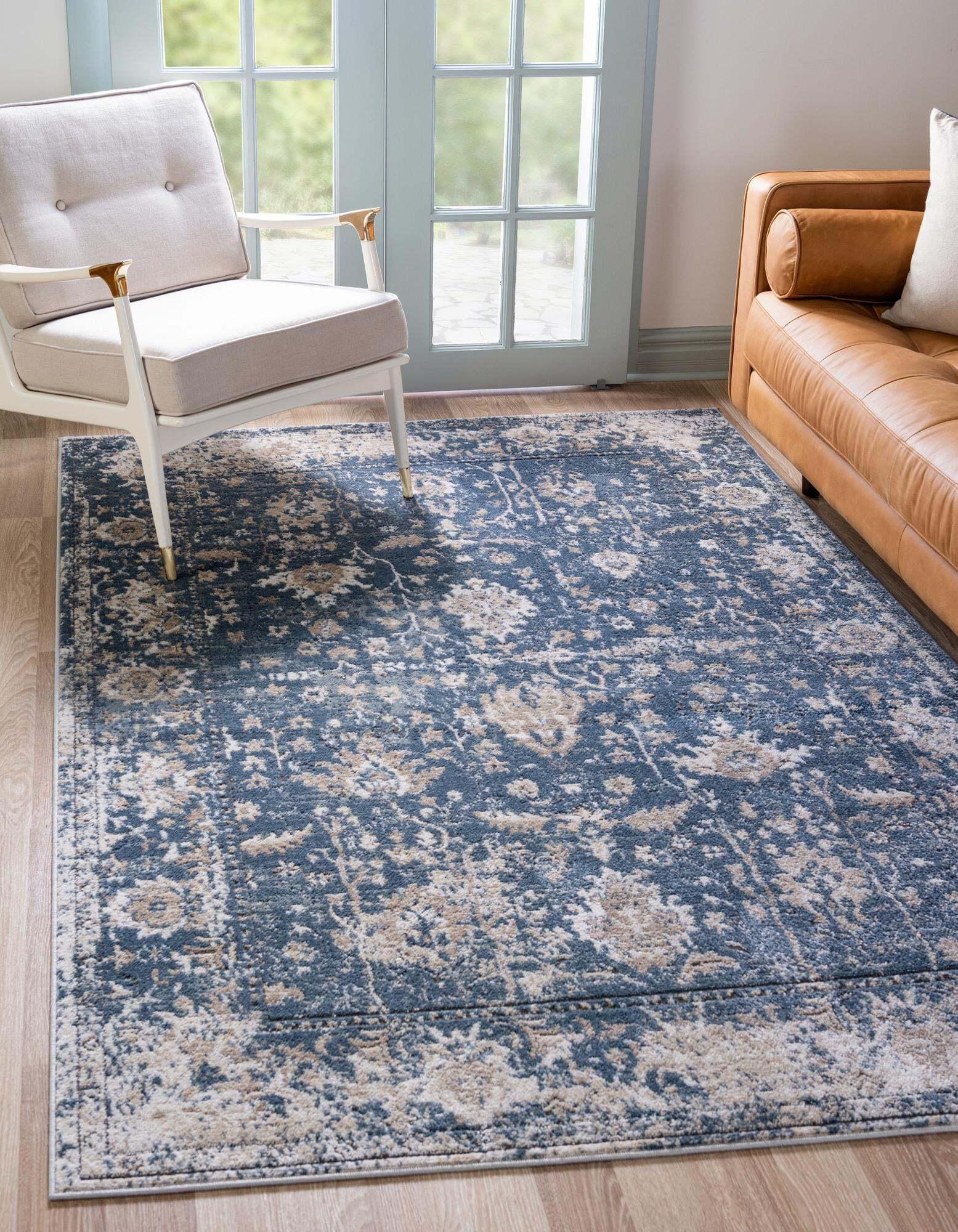 Unique Loom Indoor Rugs - Portland Border Rectangular 8x11 Rug Blue & Ivory