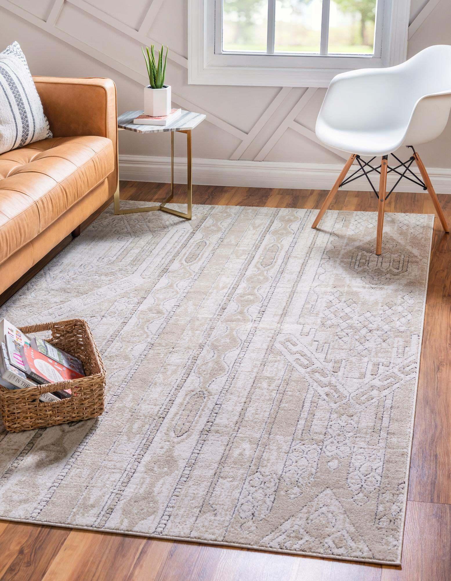 Unique Loom Indoor Rugs - Portland Striped Rectangular 8x11 Rug Tan & Ivory