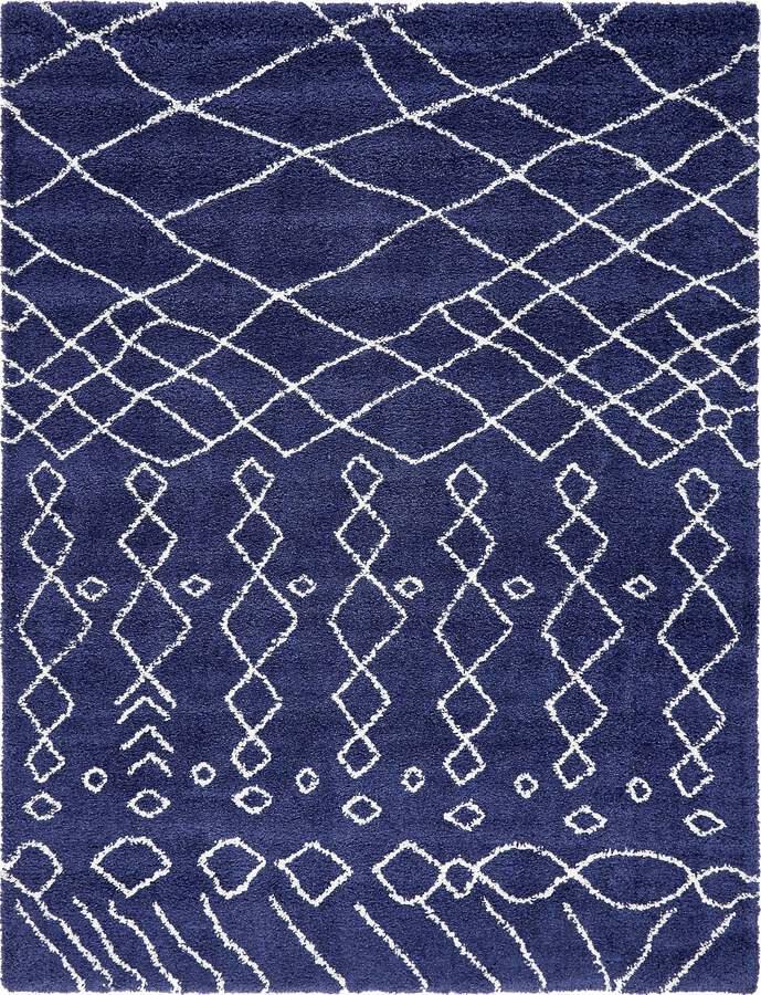 Unique Loom Indoor Rugs - Rabat Shag Geometric 9x12 Navy Blue & Ivory