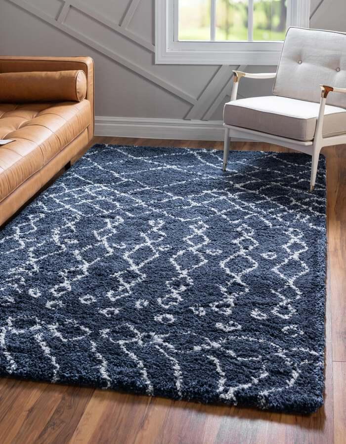 Unique Loom Indoor Rugs - Rabat Shag Geometric 9x12 Navy Blue & Ivory