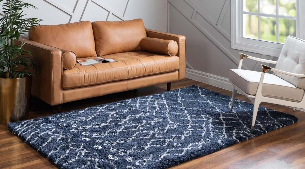 Unique Loom Indoor Rugs - Rabat Shag Geometric 9x12 Navy Blue & Ivory