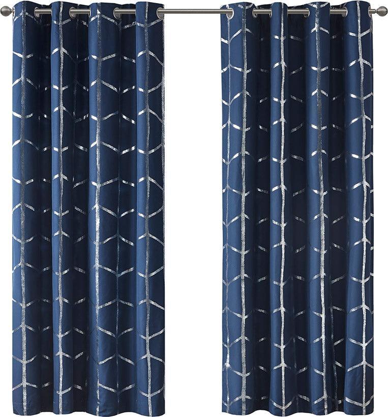 Olliix.com Curtains - Raina 84" Total Blackout Metallic Print Grommet Top Curtain Navy