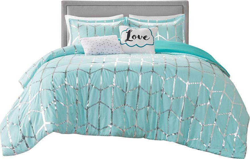 Olliix.com Duvet & Duvet Sets - Raina Full/Queen Metallic Printed Duvet Cover Set Aqua & Silver