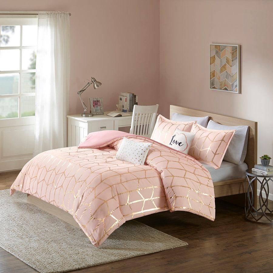 Olliix.com Duvet & Duvet Sets - Raina Full/Queen Metallic Printed Duvet Cover Set Blush & Gold