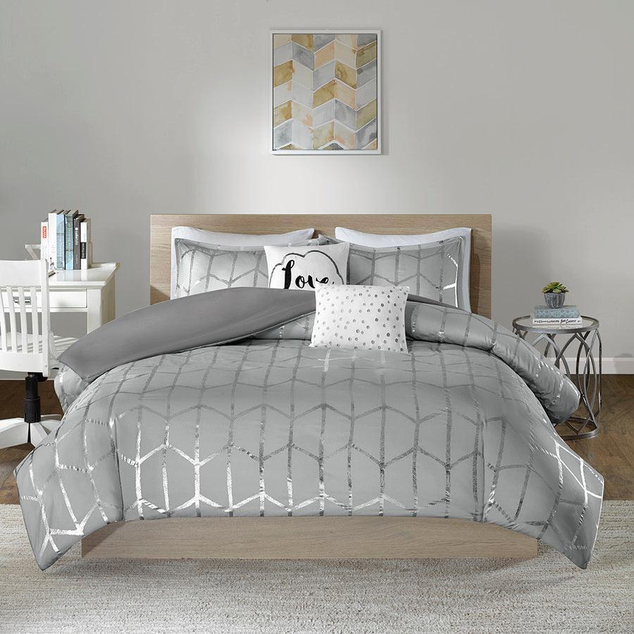 Olliix.com Duvet & Duvet Sets - Raina Full/Queen Metallic Printed Duvet Cover Set Gray & Silver