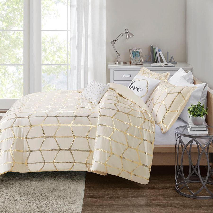 Olliix.com Duvet & Duvet Sets - Raina Full/Queen Metallic Printed Duvet Cover Set Ivory & Gold