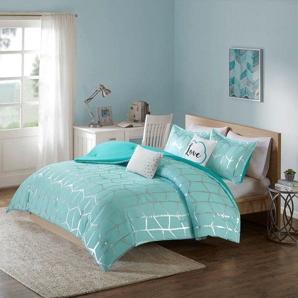 Buy Intelligent Design's Raina Metallic Printed Comforter Set Aqua & Silver  King/Cal King