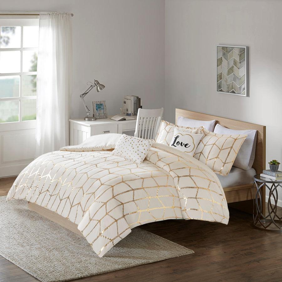 Olliix.com Duvet & Duvet Sets - Raina Twin/Twin XL Metallic Printed Duvet Cover Set Ivory & Gold