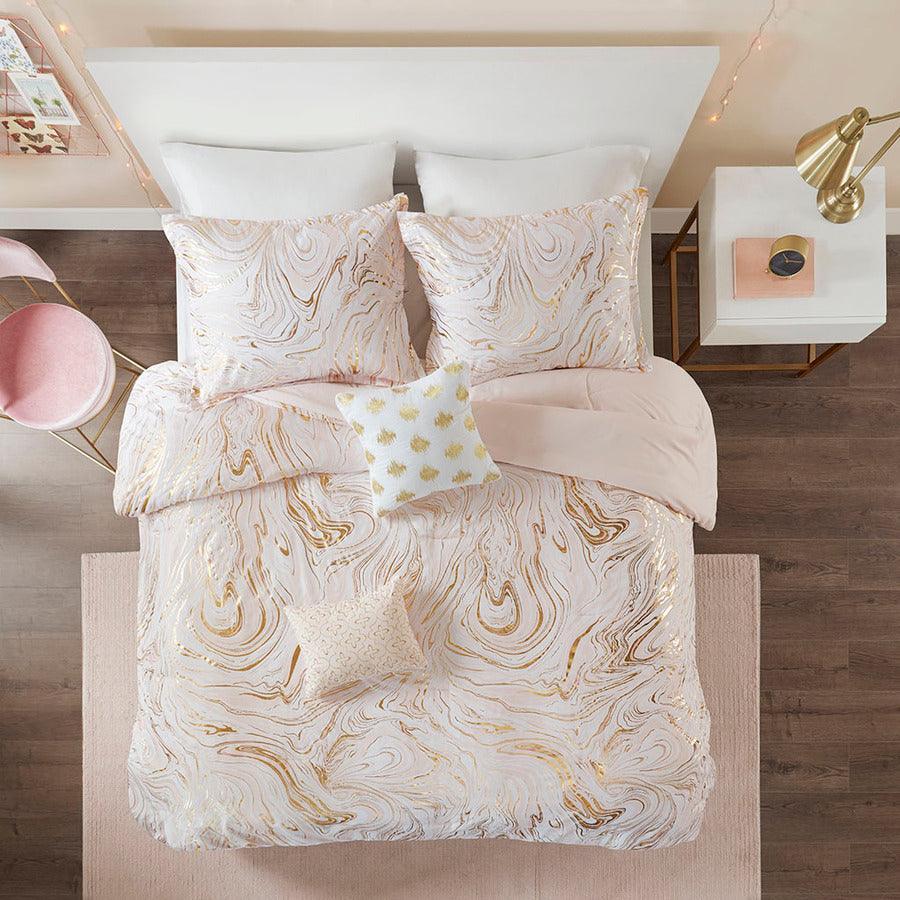 Olliix.com Duvet & Duvet Sets - Rebecca Twin/Twin XL Metallic Printed Duvet Cover Set Blush & Gold