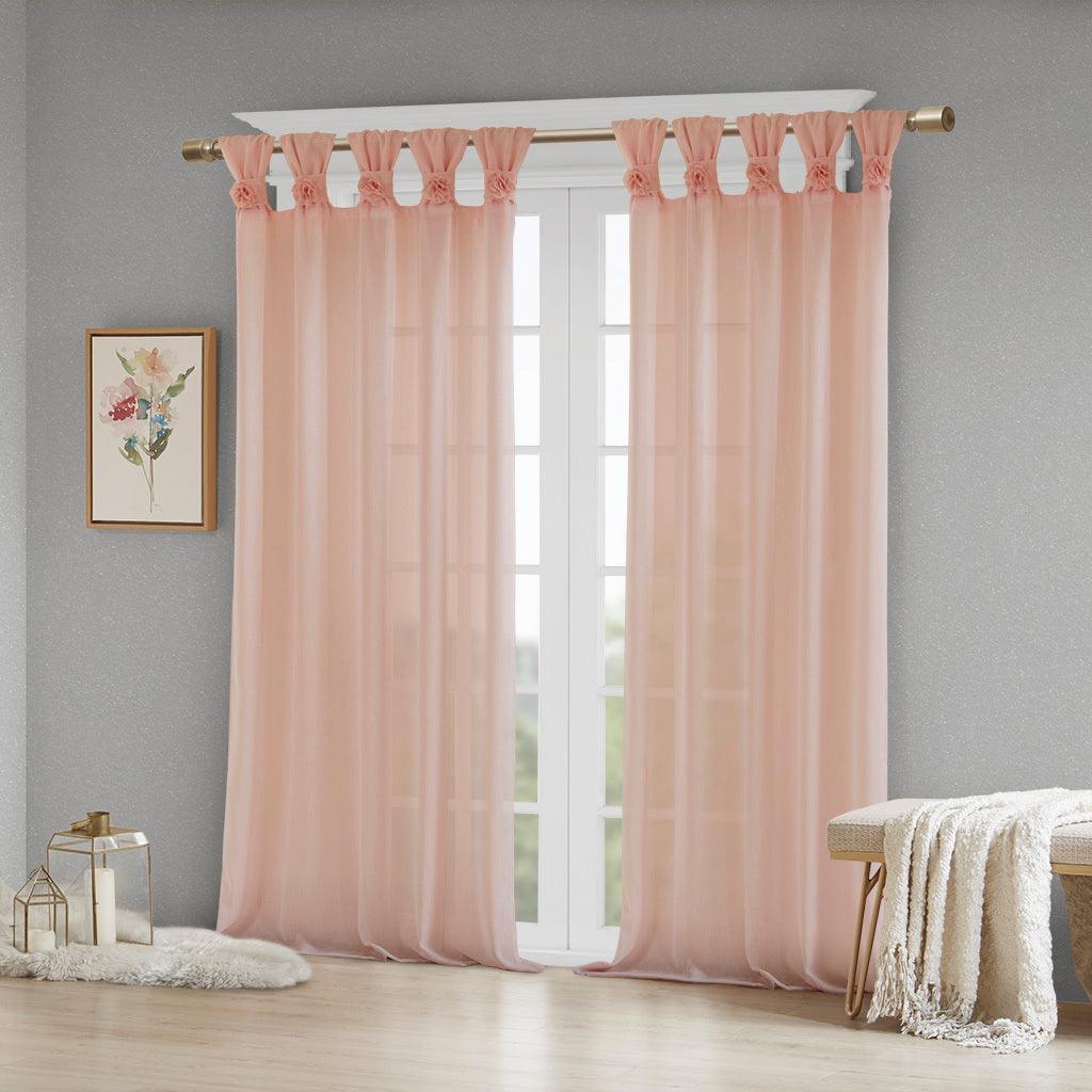 Olliix.com Curtains - Rosette 63 H Floral Embellished Cuff Tab Top Solid Window Panel Blush