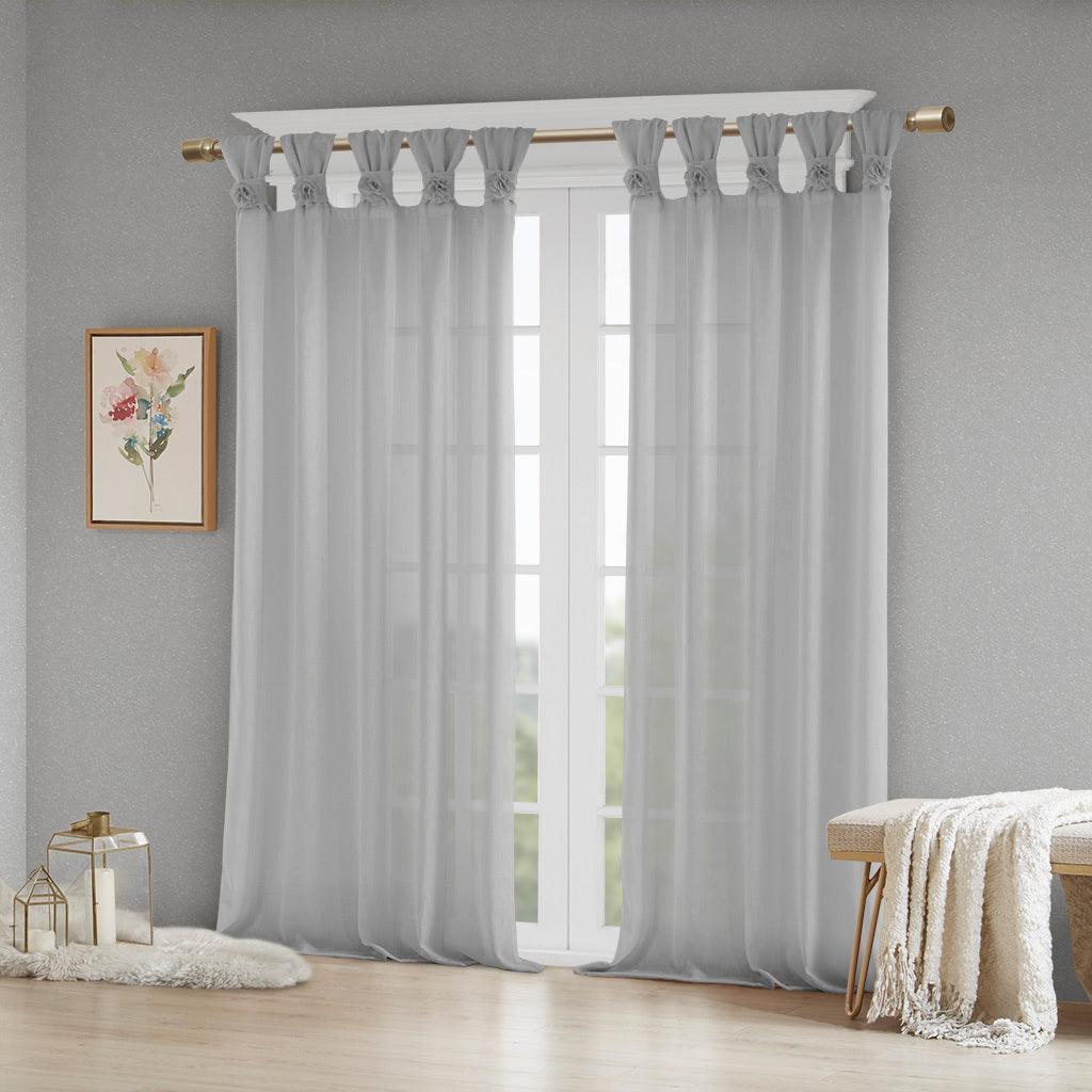 Olliix.com Curtains - Rosette 63 H Floral Embellished Cuff Tab Top Solid Window Panel Gray