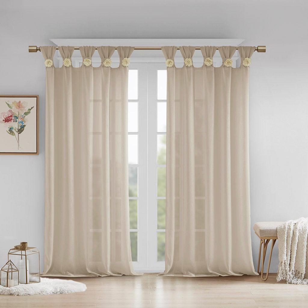 Olliix.com Curtains - Rosette 63 H Floral Embellished Cuff Tab Top Solid Window Panel Linen