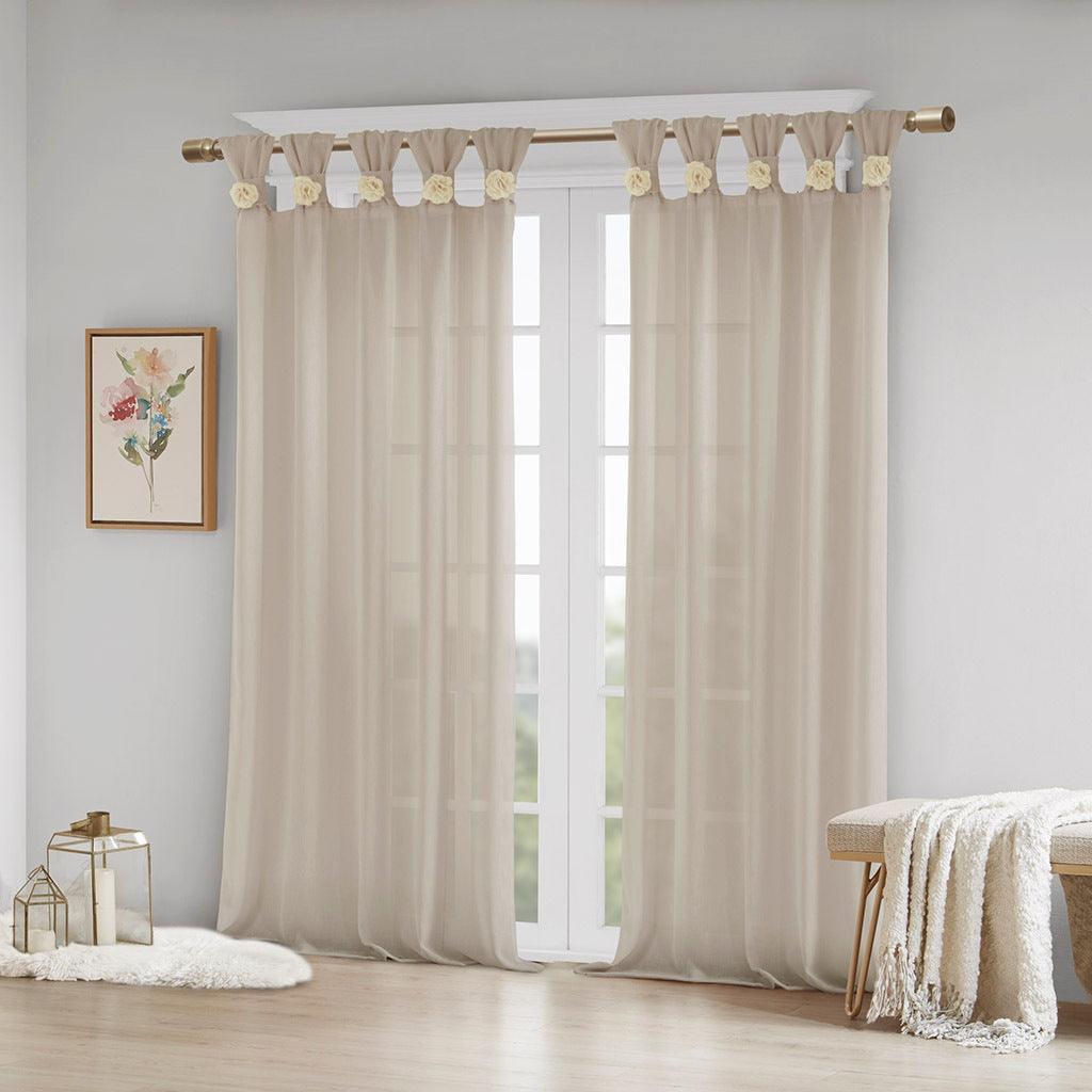 Olliix.com Curtains - Rosette 63 H Floral Embellished Cuff Tab Top Solid Window Panel Linen