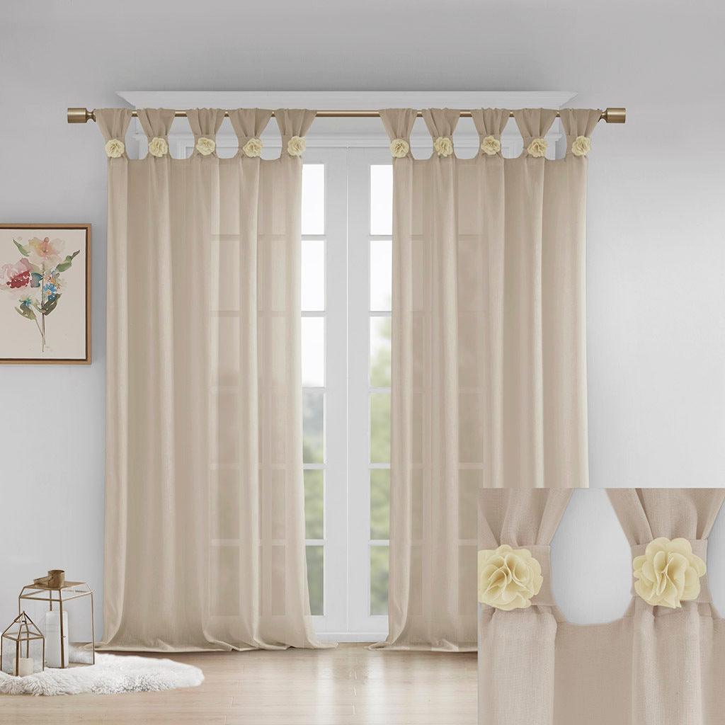 Olliix.com Curtains - Rosette 63 H Floral Embellished Cuff Tab Top Solid Window Panel Linen