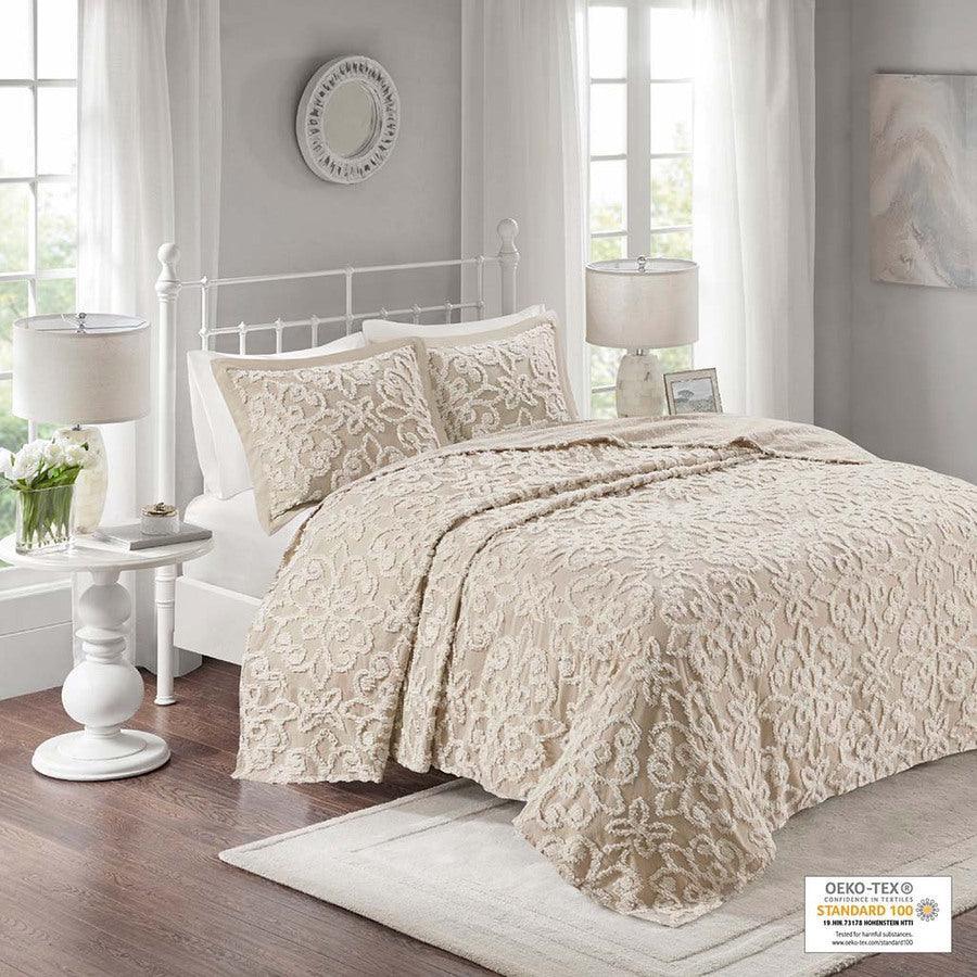 Olliix.com Comforters & Blankets - Sabrina King/California King 3 Piece Tufted Cotton Chenille Bedspread Set Taupe