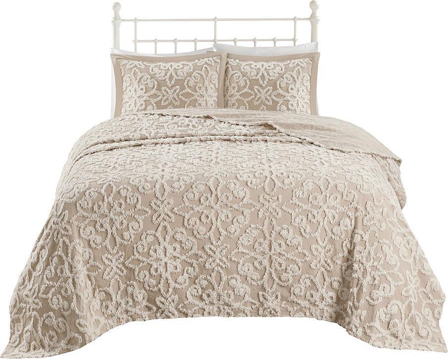 Olliix.com Comforters & Blankets - Sabrina King/California King 3 Piece Tufted Cotton Chenille Bedspread Set Taupe